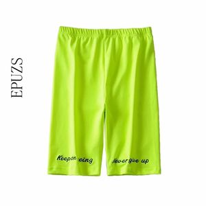 Neon Groene Biker Shorts Dames Sexy Elastische Hoge Taille Letter Borduurwerk Katoen Zomer Korte Femme Steetwear 210521