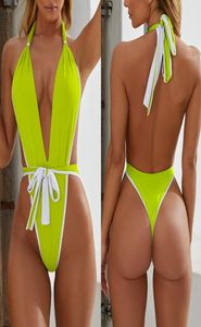 Néon Green High Leg Cut One Piece Femme Femme de Deep V Neck Swimwear Femme 2019 Nouveau licou monokini mail de bain Sexy BodySuit7206883