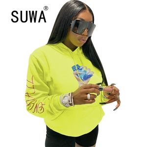 Lettre verte néon imprimée Harajuku Femmes Sweats à capuche Sweatshirts à manches longues Pull Top Tunique Classique BF Style Streetwear 210525
