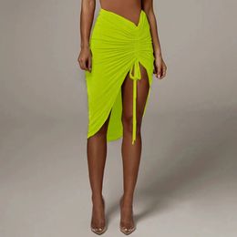 Neon Green Ruched High Taille Lace Up Mini Skirs Drawp Hip Sexy Tight Slit Snake Luipard Rok Club Gerimpeld G1860B 240420