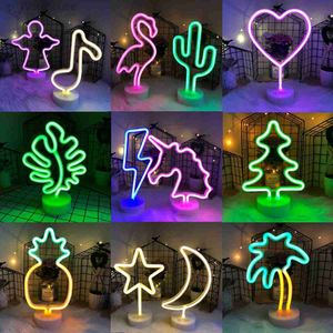 Letrero de luz de neón Luz de noche LED Flamenco Unicornio Lámpara de cactus con batería para mesa de dormitorio Decoración navideña para el hogar HKD230825