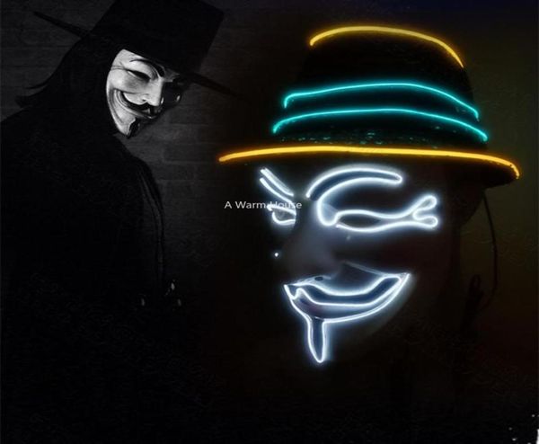 Masque néon V pour Vendetta Mascara Led Guy Fawkes Masque Masques de mascarade Mascara de fête Halloween Glowing Masker Light Maska Scary3661475