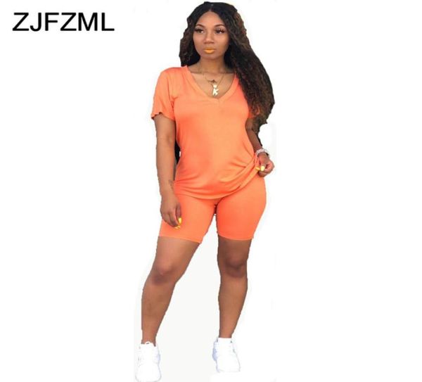 Conjunto informal de dos piezas de color naranja neón, trajes de club sexy, camiseta de manga corta con cuello en V para mujer y pantalones cortos de motociclista, trajes deportivos, conjuntos a juego 3291651