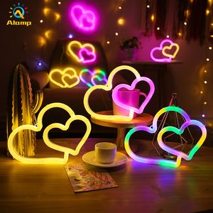 Neon-teken LED Dual Heart USB Batterij Operated Romantische Rainbow Muur Opknoping Decoratie Licht Tekens voor Bruiloft Verjaardag