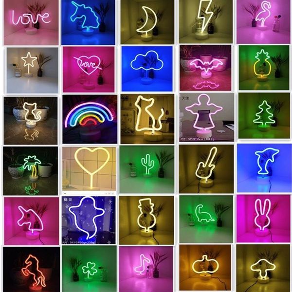 Letrero de neón USB LED decoración unicornio flamenco lámpara Luna Arco Iris para el hogar habitación de niños luz de noche junto a la cama luz de neón con base266L