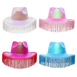 Chapeau de Cowboy spatial à paillettes scintillantes néon, amusant, métallique, holographique, tenue Disco, Western Fantasy Fringe, 240113