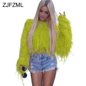 Neon kwasten gewas trui vrouwen herfst ronde hals lange mouw roze knitwear trui plus size slanke causale kerst jumper top