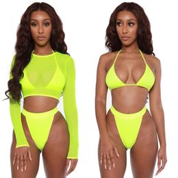 Neon Yellow Crop Top Badmode Dames Zomer Sexy Beachwear Mesh Lange Mouw Cover UPS Drie Stuk Badpak Bikini Set 210629