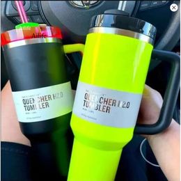 Neon Yellow Electric Pink 40Oz Tumblers With Handle Insulated Tumbler Lids Straw Cup Water Bottles H2.0 Stainless Steel Mugs 0508