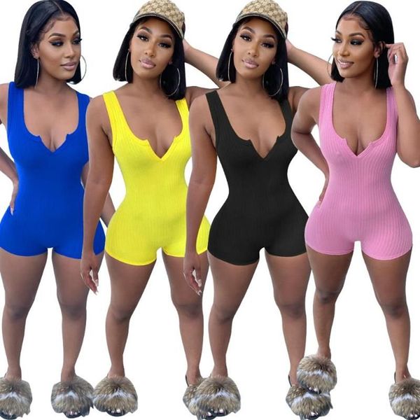 Néon Jaune Côtelé Sportif Slim Fit Bodys Femmes Sexy Col En V Profond Sans Manches Réservoir Combinaison Streetwear Entraînement Court Combishorts Wo308P