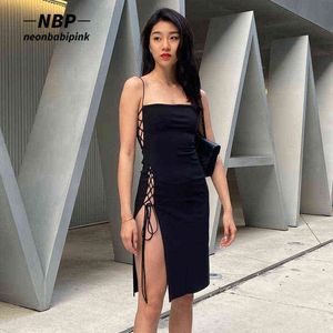 NEONBABIPINK Noir À Lacets Découpé Split Robes Midi Pour Femmes 2022 Nouvelle Arrivée Robe De Soirée Sexy Clubwear N85-CG17 Y220214