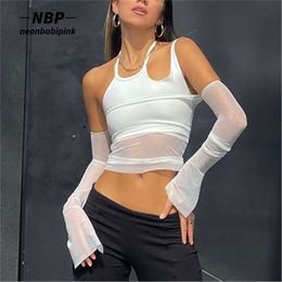 NEONBABIPINK Sexy blanc maille transparente haut court T-shirts découpe irrégulière licou cou faux deux pièces à manches longues T-shirts N33-BD15 220525