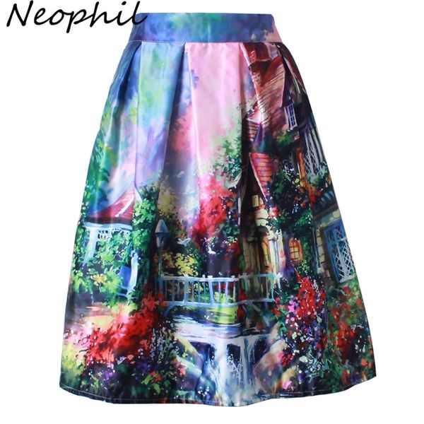 Neophil Rétro Mode Bâtiment Floral Vue Imprimer Plissée Taille Haute Robe De Bal Midi Patineuse Jupes Courtes Femmes Saia S1607026 210309