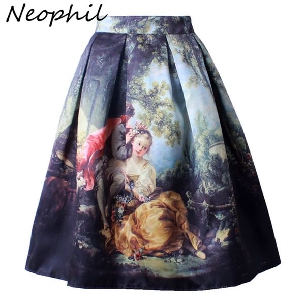 Neophil Retro gótico 50s princesa real Vintage fantasía pintura al óleo impresión cintura alta Midi faldas plisadas mujeres Saias S1607022 210619