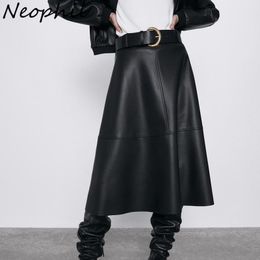 Neophil Vintage Femmes Cuir Midi Jupes PU Faux Hiver Chaud Mode Ceintures A-ligne Taille Haute Jupe Ceinture Jupe Longa Saia S9730 210309