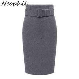 Neophil Winter Gray Dikke Wol Midi Potlood Rokken Plus Size Dames Casual Slim Hoge Taille Riem Kantoorwerk Draag Saias S1205 211120