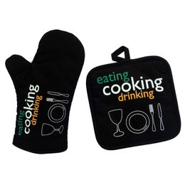 Ensemble de gants de cuisine et maniques en néoprène, gants de cuisine résistants à la chaleur pour protéger les surfaces des mains avec poignée antidérapante, feuilles minérales noires