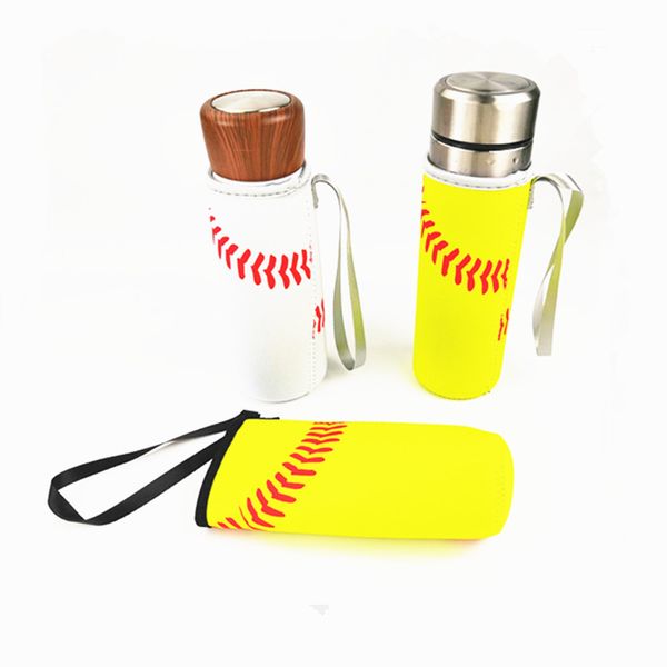 Isolant de refroidisseur de bouteille d'eau en néoprène, manchon de porte-bouteille de baseball avec sangle de transport pour garder votre boisson froide, couleur blanc et jaune