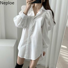 NEPLOE 2020 Vrouwen Elegante Lange Shirt Dames Solid Turn Down Collar Puff Sleeve Blouse Vrouwelijke Casual White Office Lady Tops 1A591