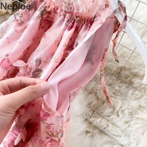 NEPLOE 2021 Flower Print Femme Robe Fashion Halter Sans manches Vesticides Haut Taille High Taille Mid Colfe Plage Femelle Robes 81123 Y0823