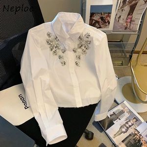 Neploe 2024 Spring Femme White Tops French French Work Work Perled Soudle Casual Blousses - Cvere à manches longues commuer les chemises lâches 240329