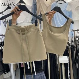 Neploe 2024 Zomer Koreaanse Eenvoudige Sportstijl Effen Kleur Tweedelige Set Femme Slim Fit Korte Tank Top Elastische Taille Casual Broek 240311