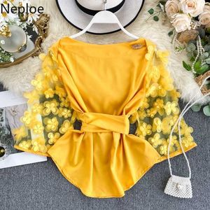 NEPLEER Herfst Spring Slanke Taille Lace Up Blouse O hals Patchwork Mesh Flare Lange mouw Applicaties Blusas Elegant Shirt T200322