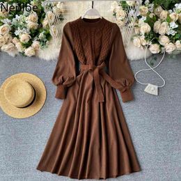Neploe automne Vestidos solide manches bouffantes Patchwork tricoté femme robes élégant pansement Midi longue Robe coréenne Chic Robe 210422