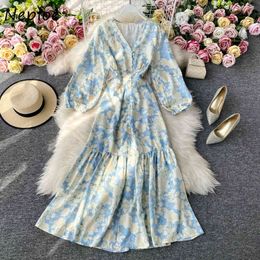 Neploe herfst vintage chic bloem print vrouwen jurk Franse stijl v-hals grote swing jurken verse chic button slanke taille vestidos 210423