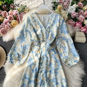 Neploe herfst vintage chic bloem print vrouwen jurk Franse stijl v-hals grote swing jurken verse knop slanke taille vestidos y0823