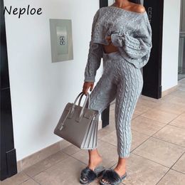 NEPLOE Herfst Winter 2 Stuk Set O-hals Chique Twist Patchwork Dames Pullover Sweaters Stretch Taille Broek Solid Color Suit 210423