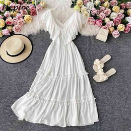 Neploe strand stijl elegante v-hals witte vrouwen jurken chique ruches backless big swing jurk zomer lange vestidos 210510