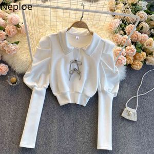 Neuploe Chemisier Femmes Collier Collier Collier Chemises Chemises Femelle Chic Crop Rops Élasticité Slim Taille Blanc Blouses Blouses 210422