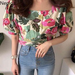 Neploe Blusas Mujer De Moda Chic Zomer Bloemen Shirt Vierkante Kraag Lantaarn Mouw Blouses Dames Vintage Blouse Tops 95123 210422