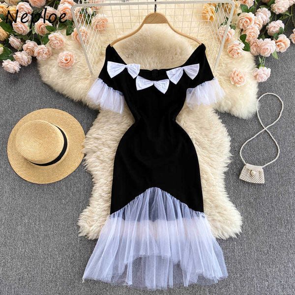 Neploe Bow Decorating Mesh Patchwork Ladies Mid Robe Contraste Color Square Collar Fiesta Vestidos Mujeres A Line Vestidos de cintura delgada Y0726