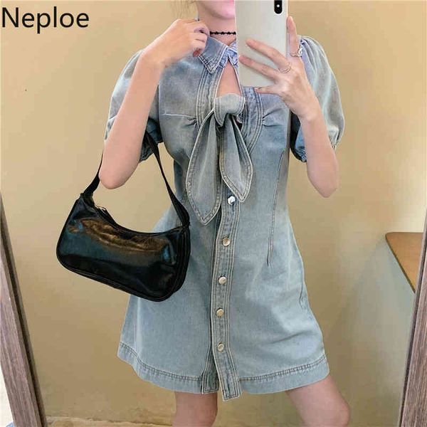 Neploe Chic Denim Femme Robe Sexy Creux Out Lacets Bow Robes Mujer Robe d'été Slim Taille Puff Manches Mini Robes 210422