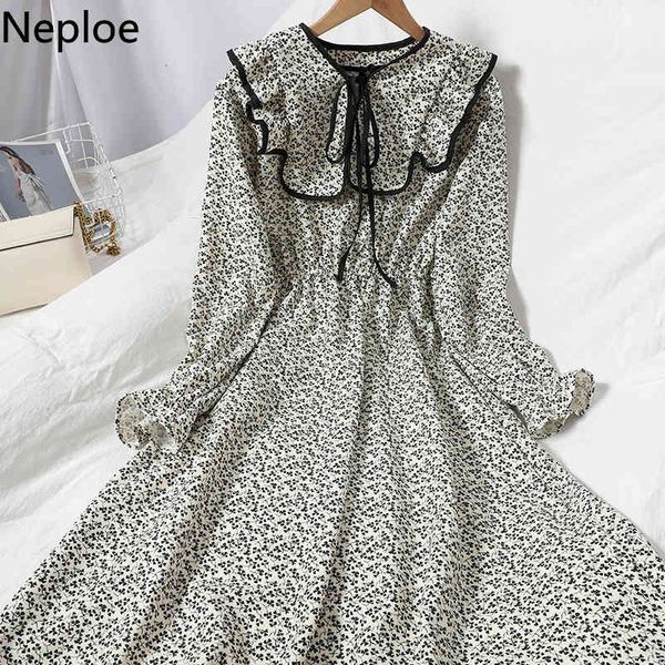 Neploe Vestidos elegantes para mujeres Temperamento floral Vestidos Lace Up Ruffles Robe Ropa de otoño Coreano Elegante Capa Vestido de chal 210422