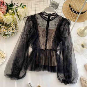 Neploe Chic Lace Patchwork Ruffles Blouse Sexy Perspective Single Breasted Blusas O Neck Puff Lange Mouw Shirt Party Fall 48158 210401