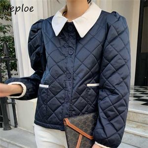 Neploe Chic Tempérament Plaid Design Femme Parkas Contraste Couleur Col Rabattu Lâche Chaud Veste Double Poches Coton Manteau 211216