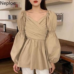 Neploe chic vintage blouses vrouwen v-hals kruis geplooid shirt slanke taille zoetwolk mouw blousse tops Koreaanse elegante blusas 210422