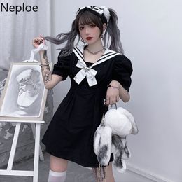 Robe Neploe pour femmes été nouvelle robe Preppy style col marin taille mince robes manches bouffantes robes noires femme 210422