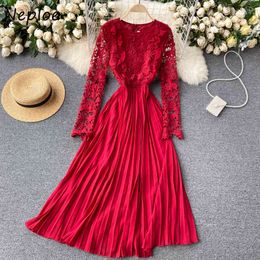 NEPLOE elegante kant patchwork haak bloem jurk vrouwen o hals trui lange mouw solide vestidos hoge taille hip a line robe 210423