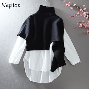 NEPLOE FASHION 2 PEICE SET TURUTLENECT Dames Trui Simple O Hals Plus Size White Shirt Tops Koreaanse Chic Suit Femme Roupas 210423
