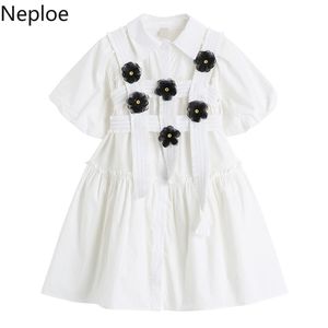 Neploe mode elegante witte mini jurk vrouwen 3d bloem ontwerp gewaad zomer korte mouw zoete vestidos koreaanse schattige jurken 210422