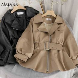 Neploe Fashion Faux Leather PU Coat Estilo coreano Turn-Down Collar Slim Outwear Full Autumn Women Jacket con cinturón 211014