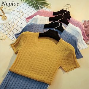 Neploe Fashion Korean Summer Solid T -shirt Nieuwe aankomst Korte mouw T -shirt Slim Women T Shirts oneck gebreide tops 67363 T200614