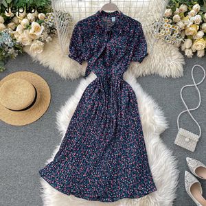 Nepoel bloem print chiffon jurk vrouwen mode standaard kraag bladerdeeg mouw vestidos elegante lace up slanke taille geplooide jurken y0823