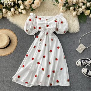 Neploe Fruit Broderie Robe Femmes Doux Slash Cou Manches Bouffantes Robes Femme Mode À Lacets Une Ligne Dames Robes Robe 1D012 Y0118