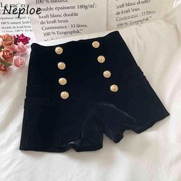 NEPLOE Hoge Taille Goud Velvet Wide Been Shorts Chic Double Breasted Zip Bottoms Herfst Winter Mode All-match Casual Ropa Mujer 210423