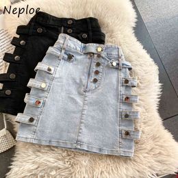 Nepoel hoge taille hip a line denim rok vrouwen knop ontwerp solide jupe femme lente zomer uitloper faldas mujer 210510